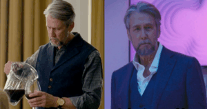 A split screen showing two images of Connor Roy from HBO's Succession. The left image shows Connor decanting red wine. The second image shows him in front of a screen in a karaoke bar.