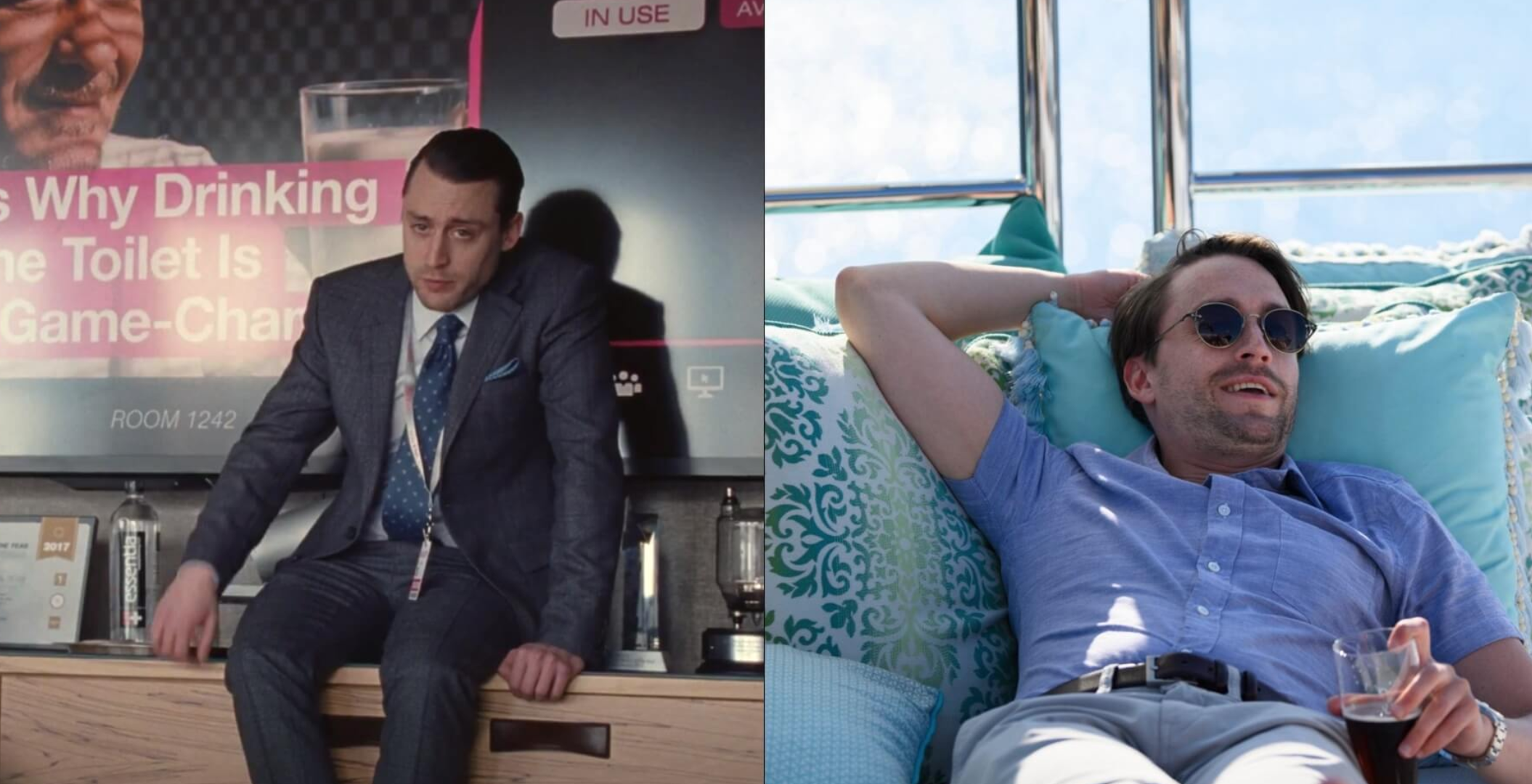 A split scree with two images of Roman Roy from HBO's Succession. On the left he is sitting on a desk, staring toward the camera. on the Right, he is sitting in a lounging position on a boat wearing sunglasses and smirking.